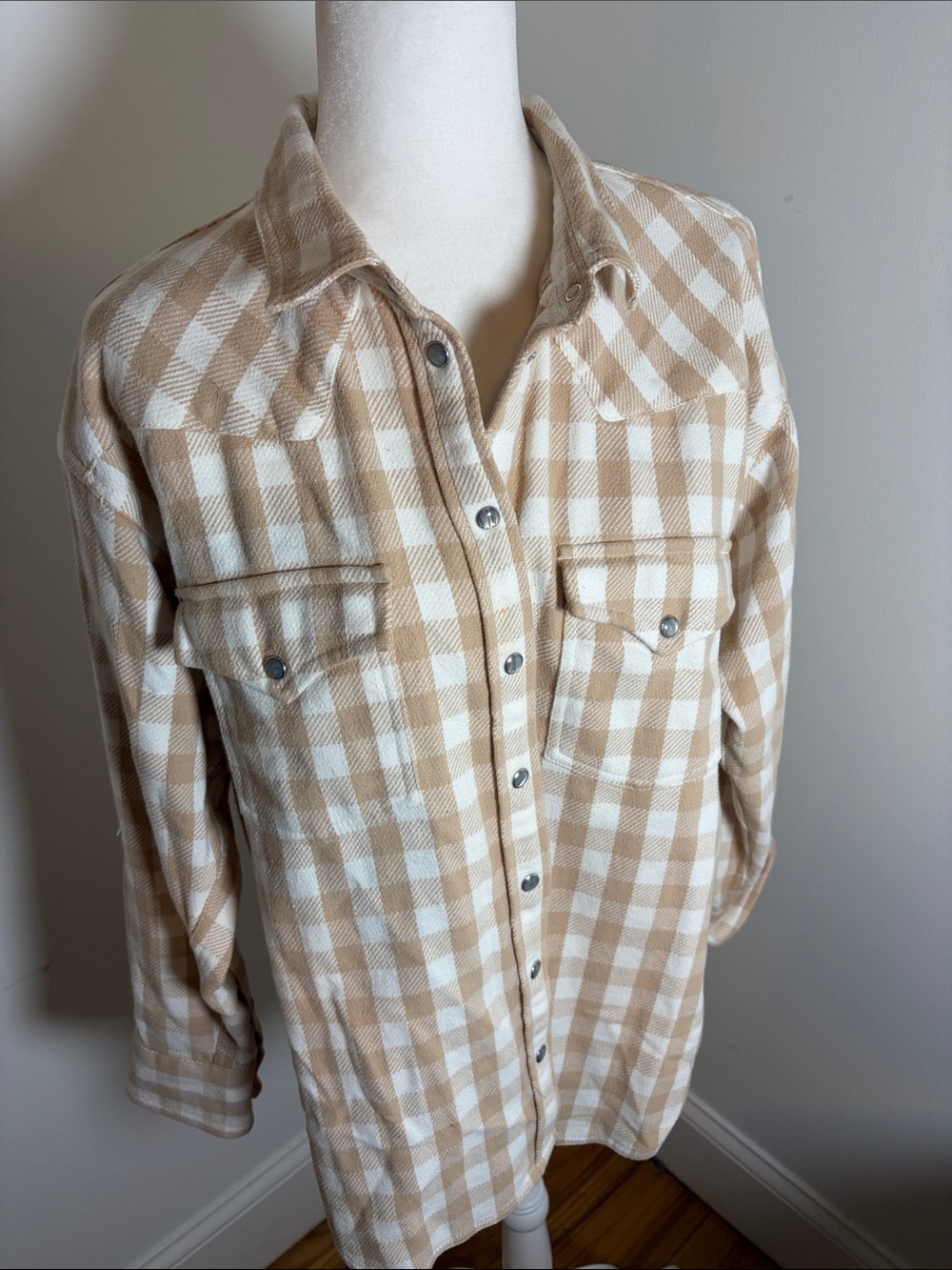 J. Crew Cream and Beige Plaid Button-Up Shirt Jacket